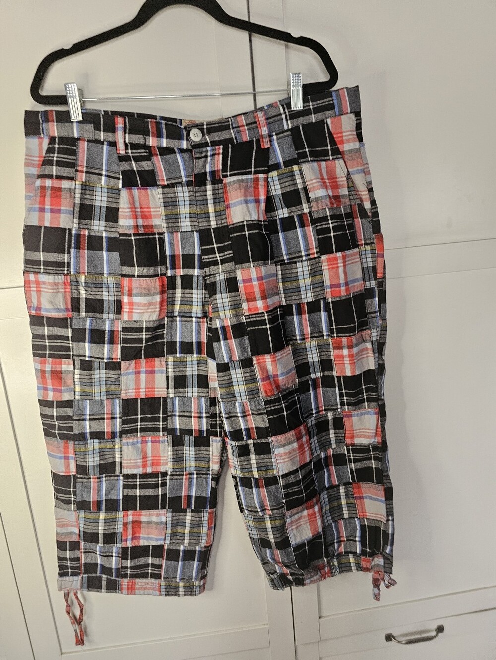 Kanji Jeans 38 Patchwork Plaid Long Shorts Y2K Hip Hop Streetwear Cotton